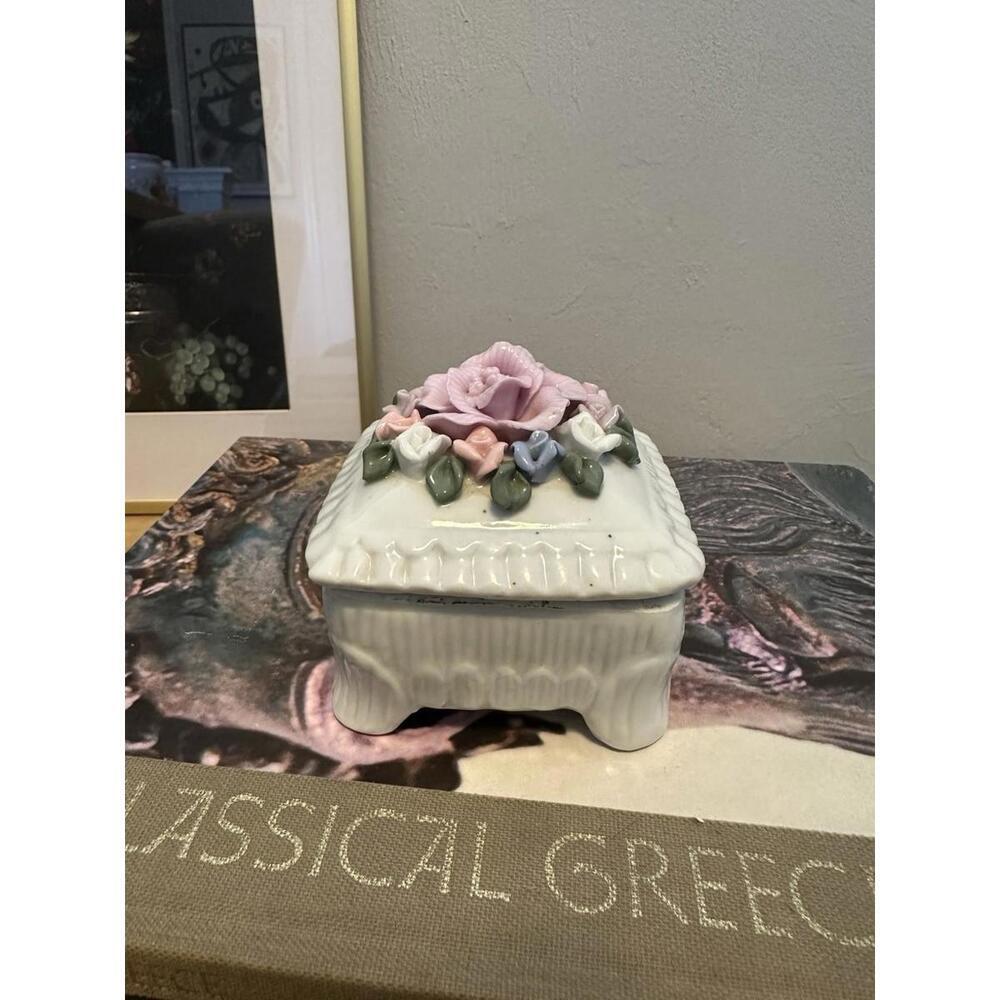 Darling Vintage Floral Porcelain Trinket Box Pastel Colors Cottagecore Decor